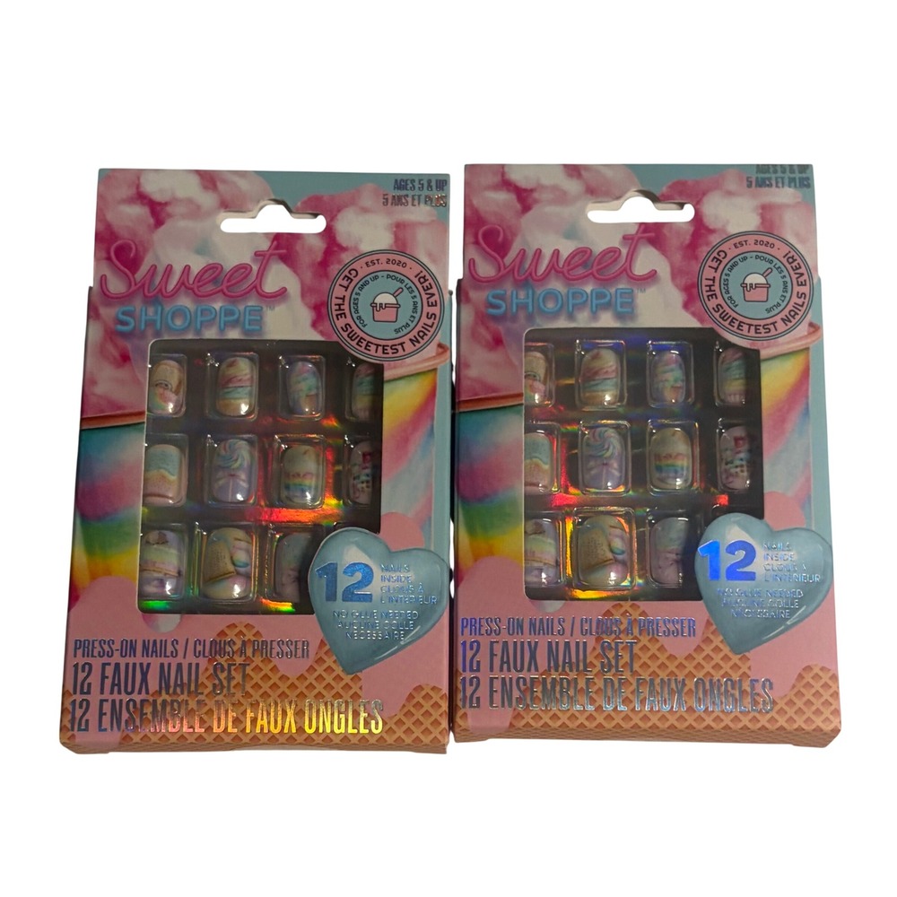 Sweet‎ Shoppe Lot of 2 Faux Press On Nail Sets Kids Candy Swirl Holographic 12ct
